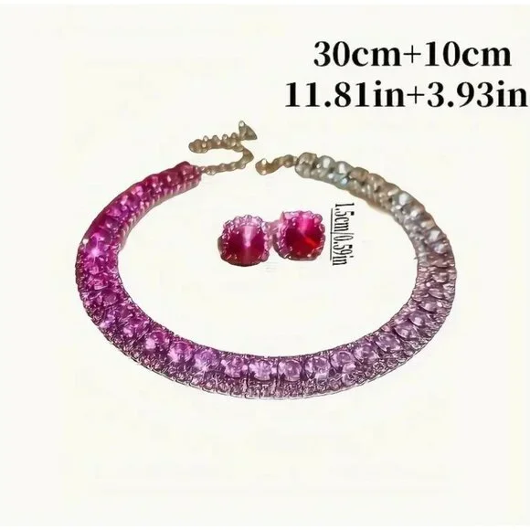 Rainbow Crystal Choker Necklace & Rivoli Stud Earrings Jewelry Set - Picture 3 of 3